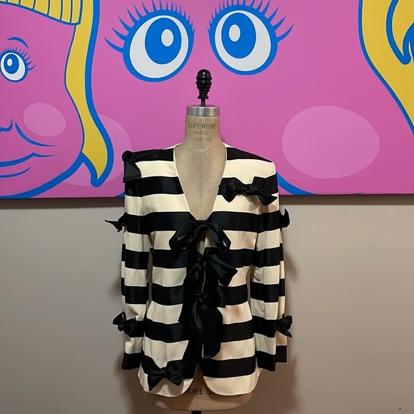 Moschino Couture Black Ivory Satin Bow Tie Blazer Striped